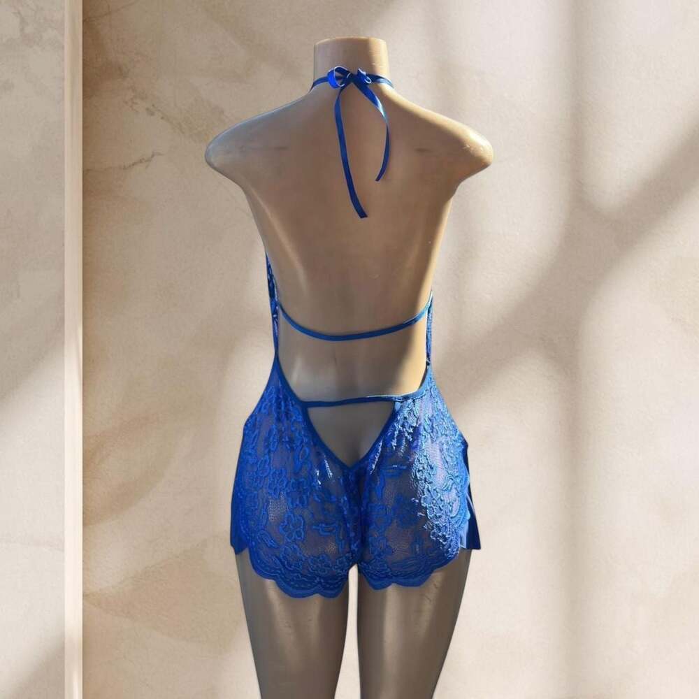 Blue Lace Bodysuit Lingerie β Halter Deep V Sheer Ruffle Detail Sexy β§ L - Picture 3 of 4